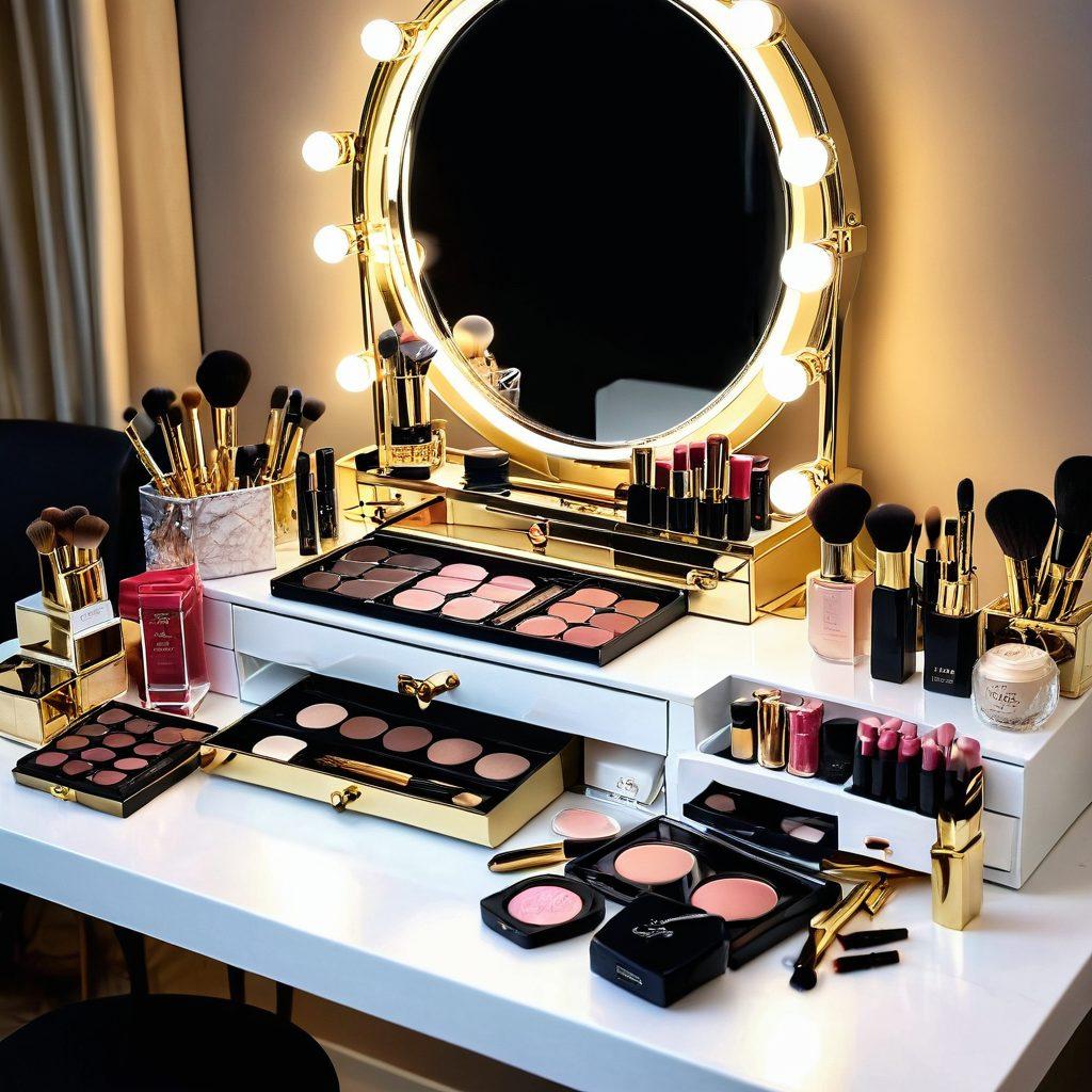 A chic vanity table adorned with high-end makeup products, elegant brushes, and shimmering eyeshadow palettes. A stylish hand mirror reflecting a flawlessly made-up face. Soft golden lighting creating a glamorous ambiance. super-realistic. vibrant colors. touch of elegance.