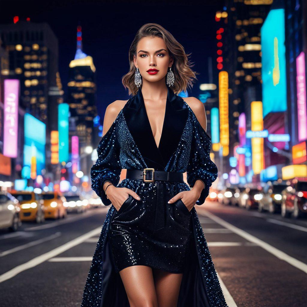 A stylish, confident woman strutting down a fashion runway, dressed in a chic, trendy outfit highlighted with shimmering accessories. Surrounding her are high-end beauty products like lipstick, mascara, and perfume floating artistically. Background displays a vibrant cityscape at night with sparkling, colorful lights. super-realistic. vibrant colors. white background.